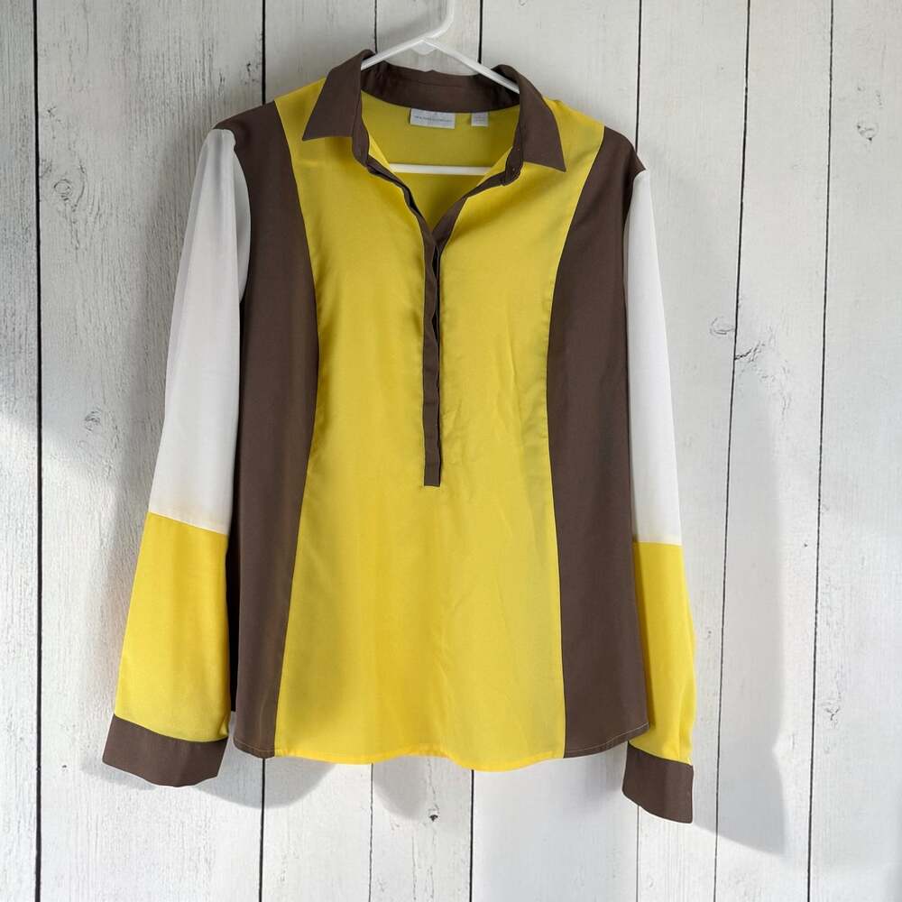 New York & Company Colorblock Blouse Size L Yellow Brown Workwear Top